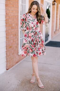 Gibson Latimer Women's Floral Pink Eyelet Tiered Length Dress, Sz L Missing Belt